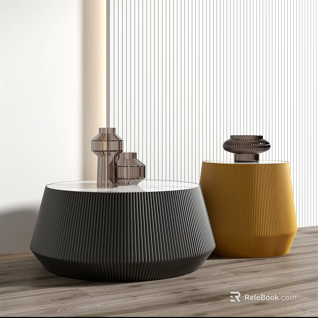 Modern Black And Yellow Coffee Tables With Textured Surfaces And Decorative Items On Wooden Floor 3d model 