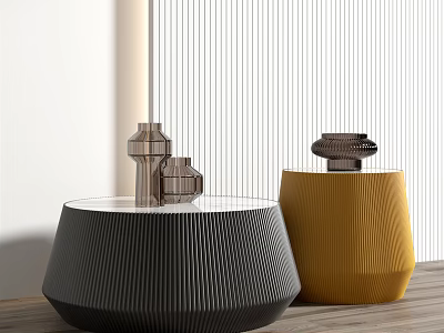 Modern Black And Yellow Coffee Tables With Textured Surfaces And Decorative Items On Wooden Floor 3d model