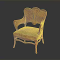 Classic Carved Armchair with Red Wooden Frame Ornate Backrest Armrest Patterns and Patterned Fabric Seat