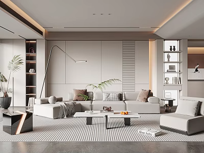 Modern Living Room Interior With Sofa Coffee Table Floor Lamp Plants And Bookshelves 3d model