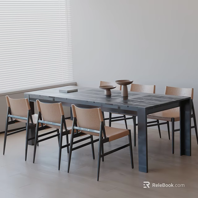 Modern Dark Wood Dining Table Set With Six Light Brown Chairs And Window Blinds 3d model 