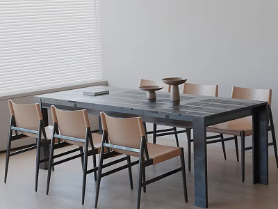 Modern Dark Wood Dining Table Set With Six Light Brown Chairs And Window Blinds 3d model