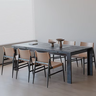 Modern Dark Wood Dining Table Set With Six Light Brown Chairs And Window Blinds 3d model