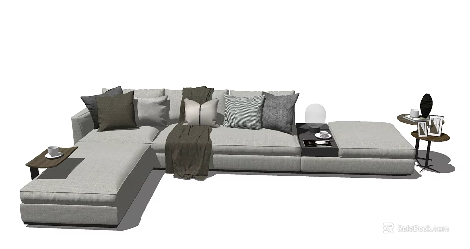 Light Gray Sectional Sofa With Mixed Color Pillows Throw Blanket And Side Table With Lamp 3d model