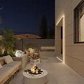 Serene Courtyard Garden Featuring Outdoor Dining Table Chairs Large Umbrella Stone Walls And Evening Lighting