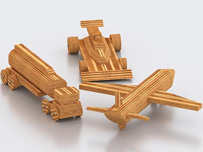 Wooden Building Blocks Crafted Car Race Car and Airplane Toy Models 3d model