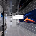 Modern Hi tech Exhibition Hall Interior With Large Mural And Grid Patterned Walls