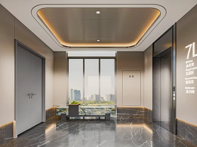 Modern Elevator Lobby With Glass Windows City View Marble Floor And Ceiling Light Strips 3d model