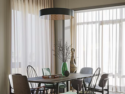 Modern Dining Room With Dining Table Chairs Green Vase Black Pendant Light And White Curtains 3d model