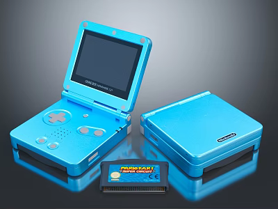 Retro Blue Portable Entertainment Electronics Game Consoles With Open Closed Designs And Mario Kart Cartridge 3d model