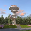 Spiral Observation Tower With White Metal Structure Lush Green Trees And Flower Beds