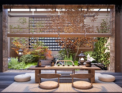 Japanese-style Zen patio courtyard landscape sketch plant pile landscape plant combination stone micro-terrain 3d model