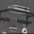 Wall Mounted Bathroom Shelf on Gray Wall with Folded Hanging Towel Wooden Brush White Sponge