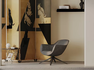 Modern Gray Accent Chair with Swivel Base and Side Table near Dog Pattern Wall Art 3d model