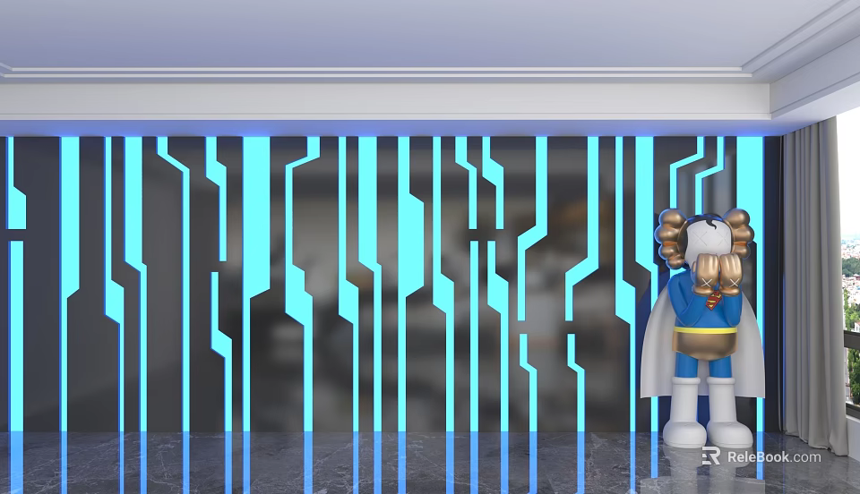 Modern Background Wall Design With Blue Lighting Geometric Lines And Cartoon Figure Decoration 3d model 
