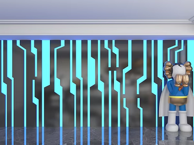 Modern Background Wall Design With Blue Lighting Geometric Lines And Cartoon Figure Decoration 3d model