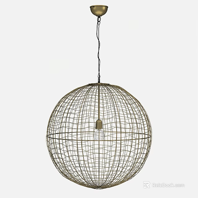 Spherical Wire Mesh Chandelier With Woven Metal Frame And Central Light Bulb Design 3d model 