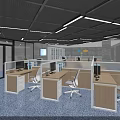 Public Office Area Featuring Modern Workstations Desks Ergonomic Chairs And Ceiling Lights 3d model