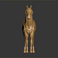 Shiny Golden Horse Statue With Metallic Finish And Reflective Base Standing On Dark Background
