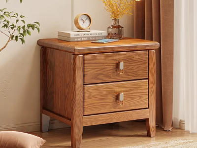 Solid Wood Nightstand With Two Drawers Alarm Clock Books And Yellow Flowers Vase 3d model