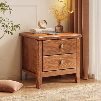 Solid Wood Nightstand With Two Drawers Alarm Clock Books And Yellow Flowers Vase 3d model