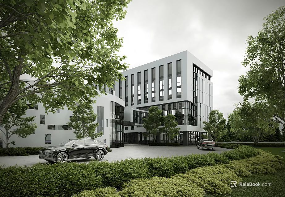 Contemporary Office Building With Glass Facade Large Windows And Green Landscaping Around 3d model 