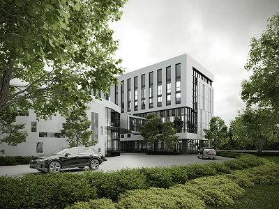 Contemporary Office Building With Glass Facade Large Windows And Green Landscaping Around 3d model