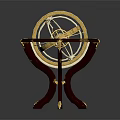 Exquisite Vintage Armillary Sphere With Crimson Three Leg Base And Golden Decorations
