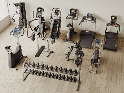 Fitness Equipment Collection With Treadmills Dumbbells Exercise Bikes And Weight Racks 3d model