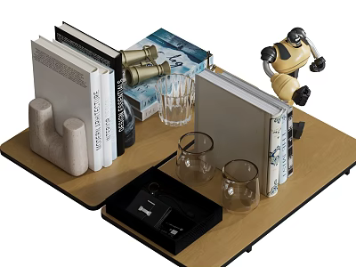 Ornament Decor Combination With Books Telescope Glass Cups Yellow Robot Camera On Wooden Tray 3d model