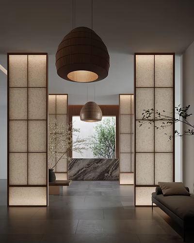 Elegant Hotel Lobby Interior With Wooden Screens Pendant Lights Stone Wall And Greenery 3d model