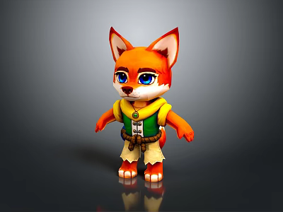 Cartoon Fox Character with Orange Fur Big Blue Eyes Wearing Green Yellow Outfit White Pants 3d model