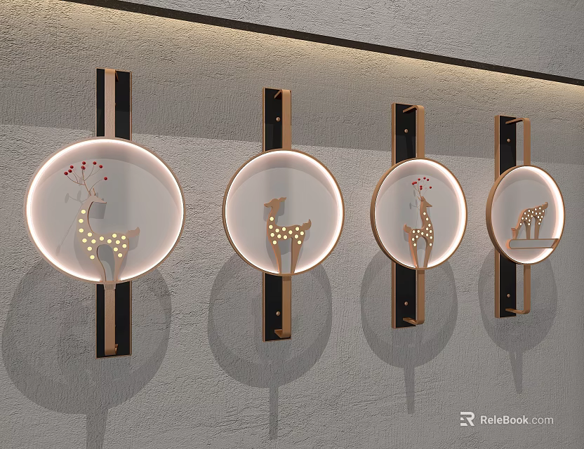 Round Wall Lamps with Deer Patterns and Metal Brackets Mounted on Wall Featuring Soft Lighting 3d model 