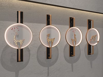 Round Wall Lamps with Deer Patterns and Metal Brackets Mounted on Wall Featuring Soft Lighting 3d model