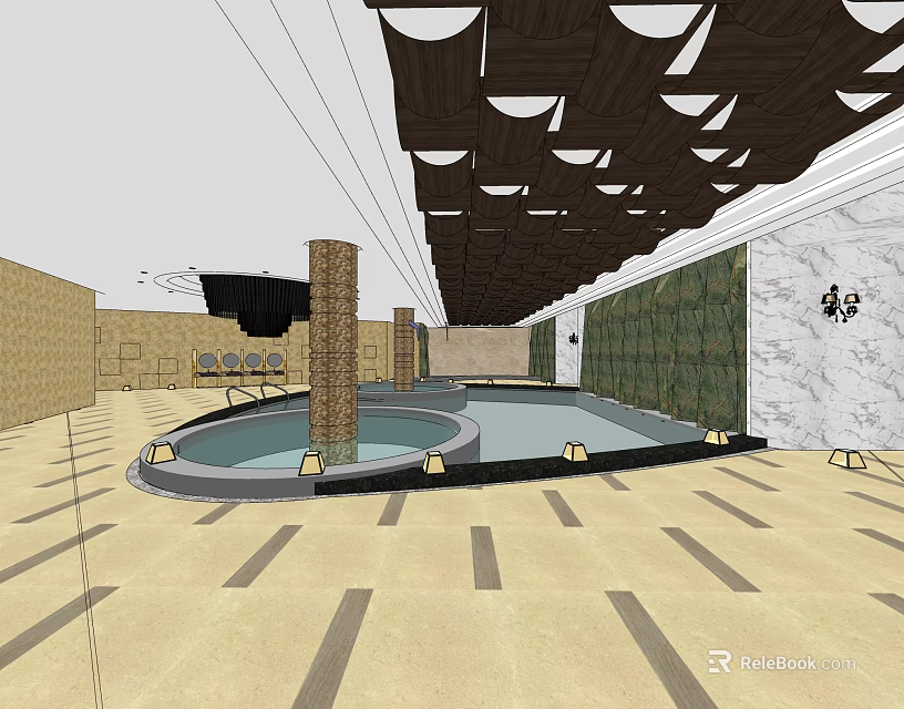 Swimming Pool Interior With Circular Design Columns Unique Ceiling Wall Decor And Floor Tiles 3d model 