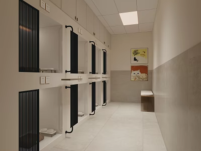 Shopping Mall Store Corridor With Light Colored Lockers Decorative Paintings And Bench Seating 3d model