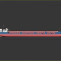 Cargo Water Vessel With Blue Red Hull And Long Red Cargo Transport Deck
