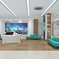 Modern Bank Lobby With Open Space Reception Desk Turquoise Sofas City Backdrop And Wooden Flooring