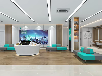 Modern Bank Lobby With Open Space Reception Desk Turquoise Sofas City Backdrop And Wooden Flooring 3d model