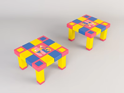 Colorful Coffee Tables with Yellow Pink Blue Checkerboard Pattern and Cartoon Design 3d model