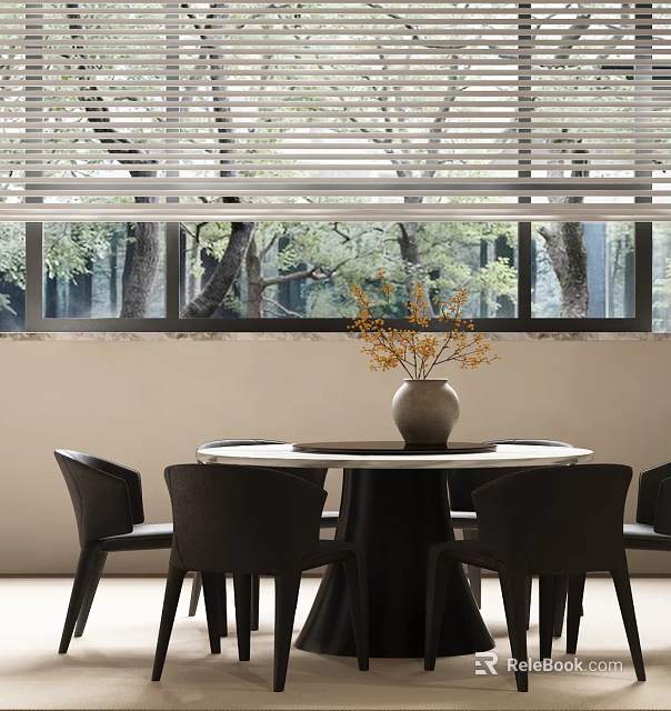Modern Round Dining Table Set With Black Chairs Vase And Window Tree View 3d model