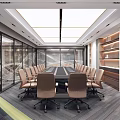 Modern Conference Room With Long Table Beige Chairs Large Windows And Bookshelves