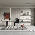 Modern Minimalist Study Room Interior With Stone Wall Glass Desk Black Chair And Bookshelves