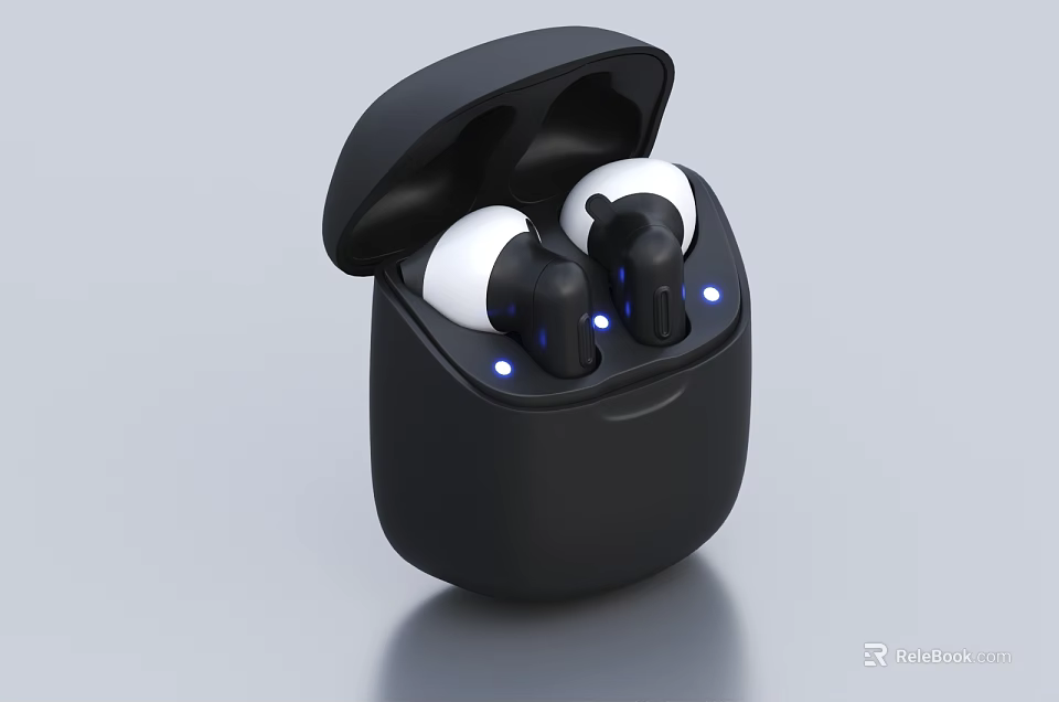 Wireless Earbuds with Open Black Charging Case and Blue Indicator Lights 3d model 