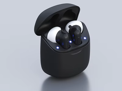 Wireless Earbuds with Open Black Charging Case and Blue Indicator Lights 3d model