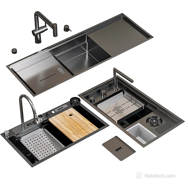Stainless Steel Kitchen Sink With Double Bowl Faucet Cutting Board And Drainer Accessories 3d model 