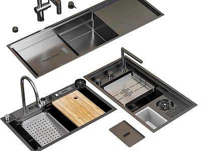 Stainless Steel Kitchen Sink With Double Bowl Faucet Cutting Board And Drainer Accessories 3d model