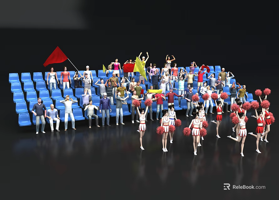 Women Cheerleaders Performing With Pom Poms In Stadium With Audience And Flags 3d model 