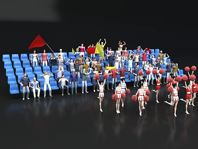 Women Cheerleaders Performing With Pom Poms In Stadium With Audience And Flags 3d model