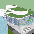 Modern Theater Building Exterior With Glass Curtain Wall Green Roof And Parking Area